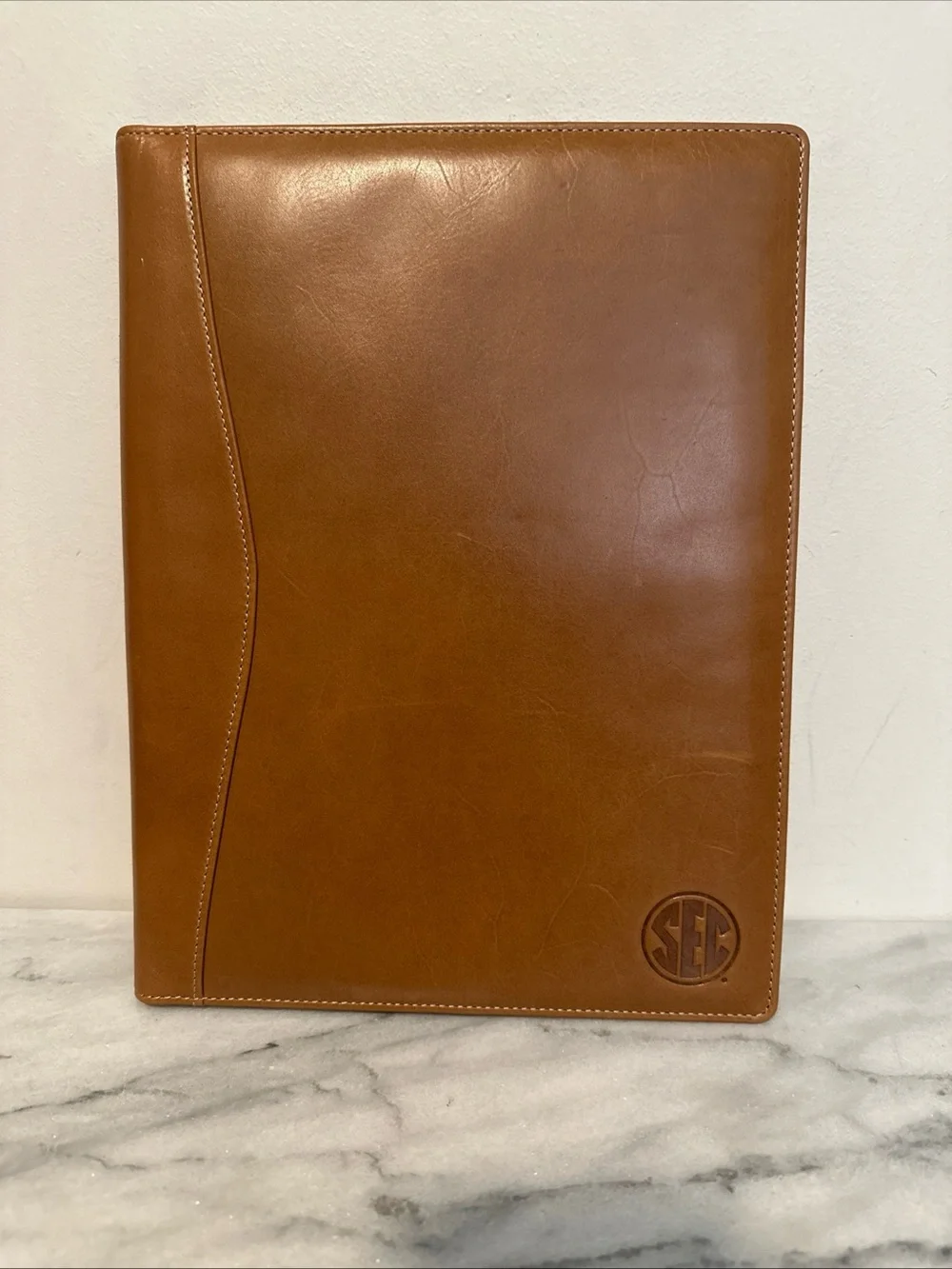 Executive Tan Leather Portfolio with Embossed Monogram